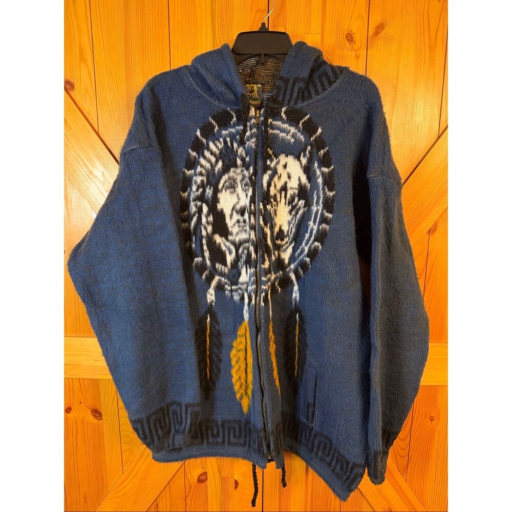Ruminahui Blue Native American Wool Full Zip Hooded Sweater Jacket Size XL (6680